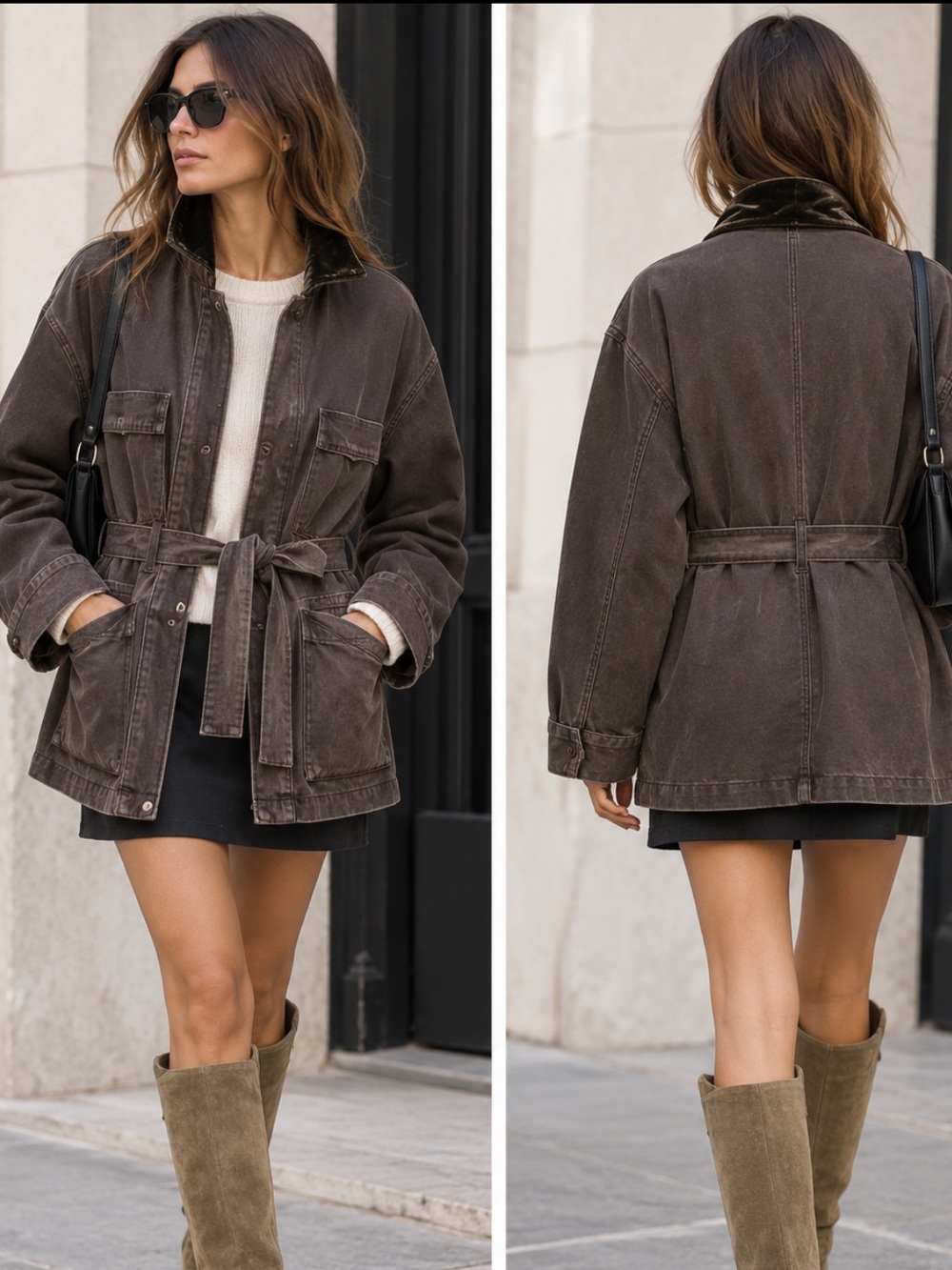 Zara Washed Utility Jacket Velvet Collar Belted Brown NWT Size Small 3607/271
